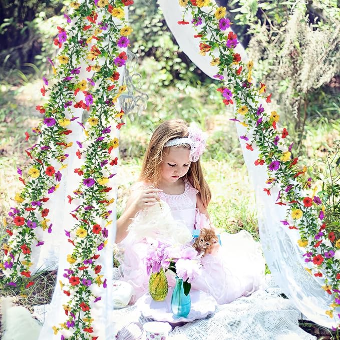 2 Pack Artificial Daisy Flower Garland,5.9FT UV Resistant Fake Floral Vine Silk Hanging Spring Wild Flower Garland for Home Mantle Garden Wedding Booth Backdrop Decor (Red Yellow Purple)