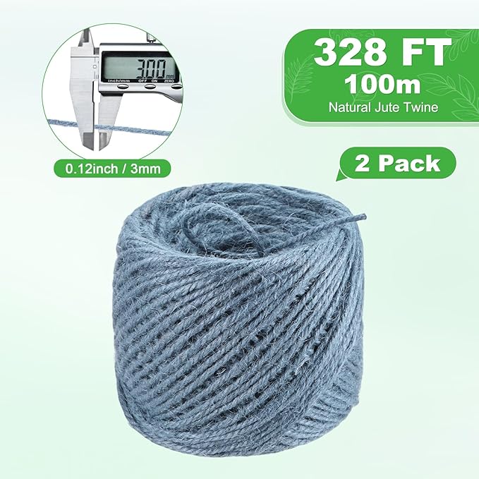 2-Pack Natural Jute Twine String, 3mm x 328ft/100m Long Garden Twine Balls for Crafts/Gift Wrapping/Gardening Plants, Durable Plant Ties Thick Rope [Gray]