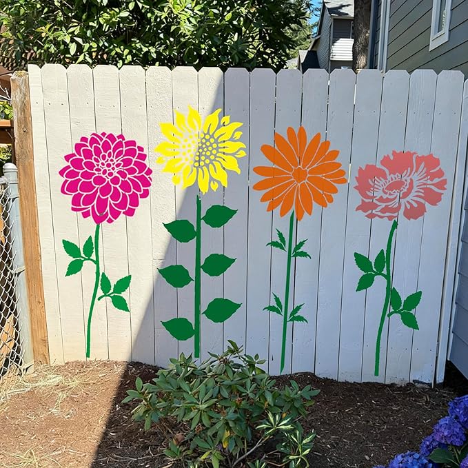 Large Flower Stencils for Walls 14inch Fence Stencil for Outdoors Floral Stencils Reusable Rose Hibiscus Daisy Sunflower Stencil for Wood Wall Furniture Fabrics DIY Decor