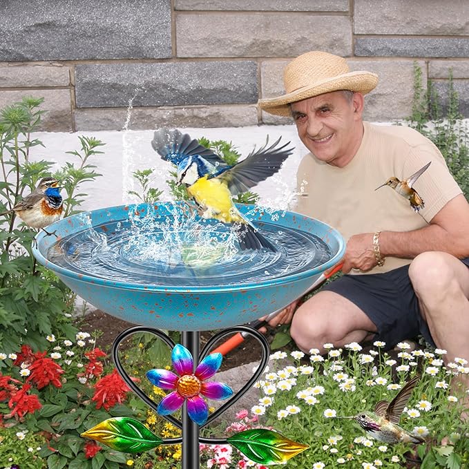 Vintage Metal Bird Bath for Outside, Standing Bird Feerder with Sunflower Love Decoration, Detachable Birdbaths Bowl for Outdoor Yard Lawn Garden Decor (A-Bule)