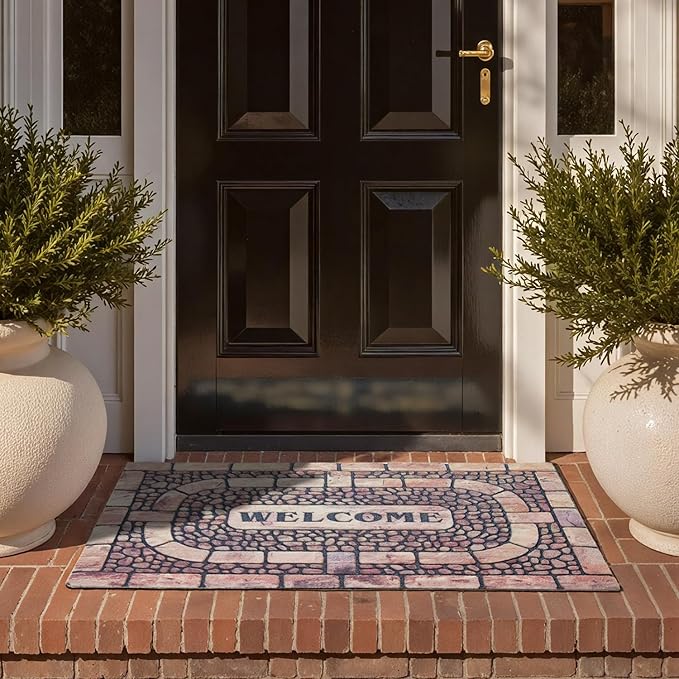 Welcome Mat Front Door Mat Indoor Outside Entrance, Absorbent Heavy Duty Doormat with Non Slip Backing Entryway Rug for Front Back Door, 17x30, Cobble Print