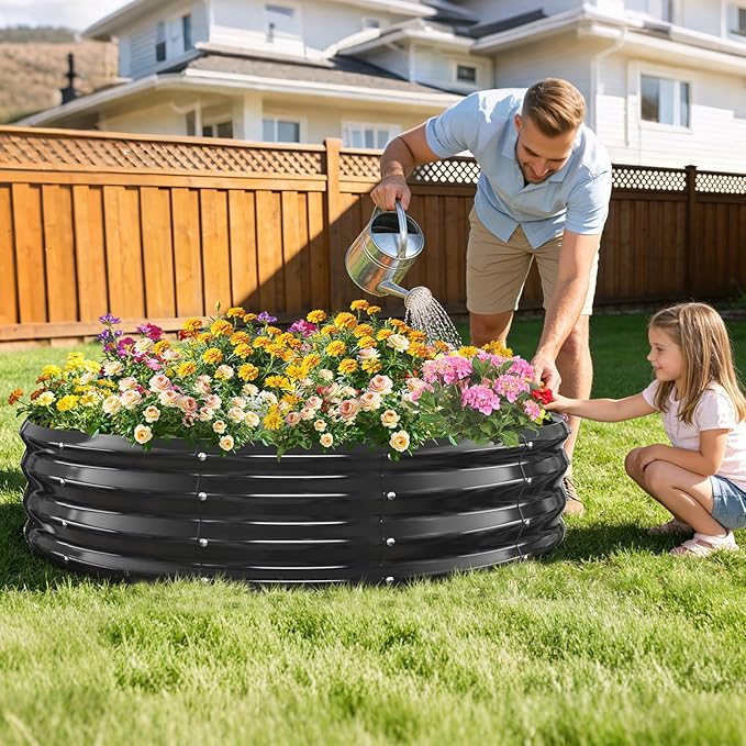 12 Inch Tall Heavy-Duty Round Steel Rised Garden Bed – Wave-Shaped Design Galvanized Metal Planter Box for Vegetables Flowers Succulent at Patio/Garden Outdoor (Black, 60" Diameter)