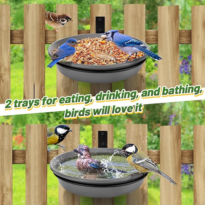 Fence Bird Feeders Tray - 2pcs Tree Mounted Wild Bird Bath for Outdoors Place Food Water, Installed on Deck Wall Stakes with Heavy Duty Iron Ring, 8.3'' Dia. (Grey)