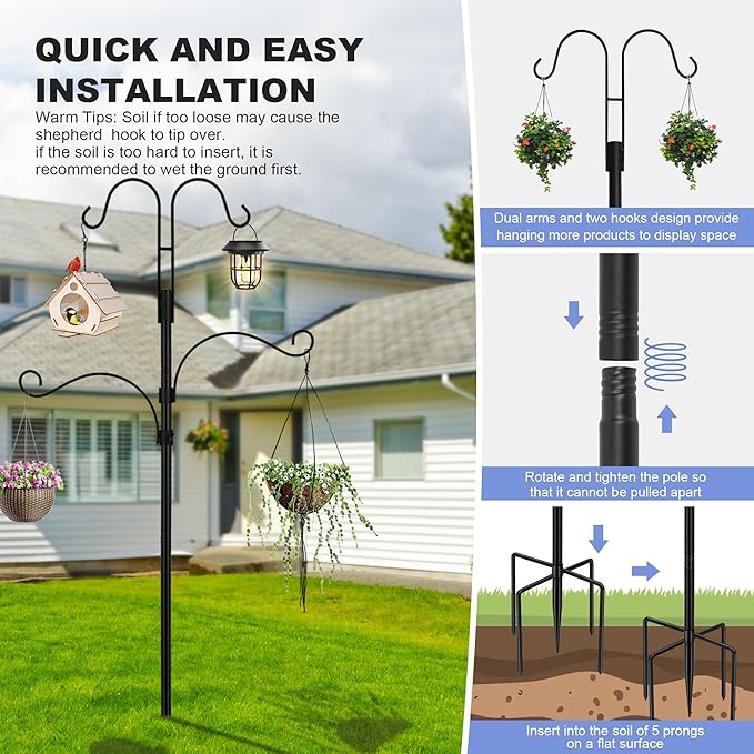 Bird Feeder Pole with 4 Multiple Shepherds Hooks for Outdoor, Heavy Duty Standing Bird Feeding Station Pole - 92 Inch Height Adjustable Bird Feeder Stand with 5 Prong Base for Large Bird Feeders