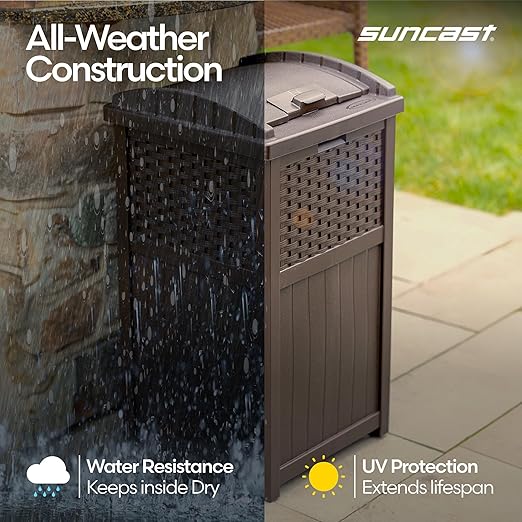 Suncast 33 Gallon Commercial Outdoor Trashcan Hideaway with Lid for 30 to 33 Gallon Trash Bags for Garage, Backyard, or Garden, Brown