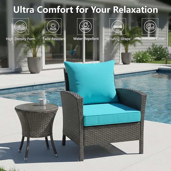 24x24 Inch Outdoor Chair Cushion with Removable Cover, Patio Furniture Cushion - Water-Repellent, Fade-Resistant, Non-Slip Bottom & Straps, Replacement for Deep Seat Sofa & Couch - Teal