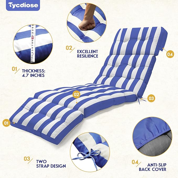 Chaise Lounge Cushions Outdoor Set of 2, 74.4 x 22 x 4.7 Inch Thickened Lounge Chair Cushions Waterproof for Outdoor Furniture with Ties, Non-Slip Patio Pool Lounge Cushion, Stripe Blue&White