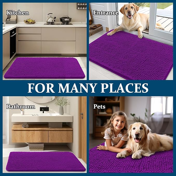 OLANLY Dog Door Mat for Muddy Paws 30x17, Absorbs Moisture and Dirt, Absorbent Non-Slip Washable Doormat, Quick Dry Chenille Mud Mat for Dogs, Entry Indoor Entryway Carpet for Inside Floor, Purple