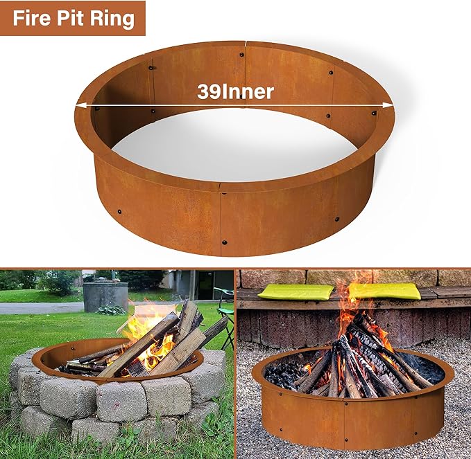 39” Extra Thickened Corten Steel Fire Pit Ring for Outdoor Wood Burning, Heavy-Duty Above & In-Ground Fire Ring, Round Backyard Patio Campfire Accessory for Family Gathering
