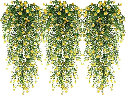 WEISPARK Artificial Hanging Flowers, 9pcs Fake Eucalyptus Vine Faux Flower Greenery Garland Plastic Plants for Indoor Outdoor Wall Garden Wedding Home Party Decor (9pcs Yellow)