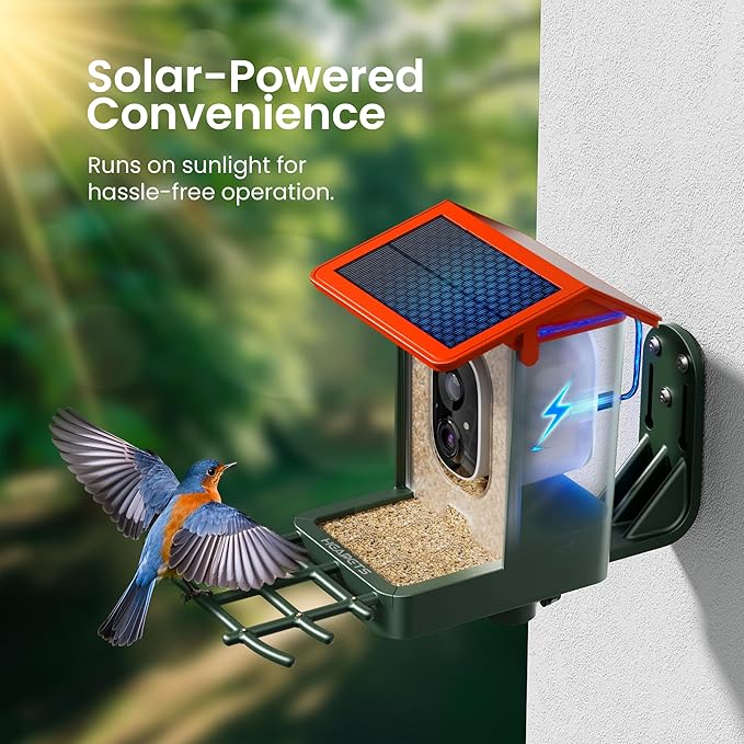 Smart Bird Feeder with Camera Solar Powered 2K HD Video, 10,000+ Species AI Recognition, Real-Time App Alerts, and Weatherproof Design for Effortless Birdwatching, Gift for Bird Lovers, Orange