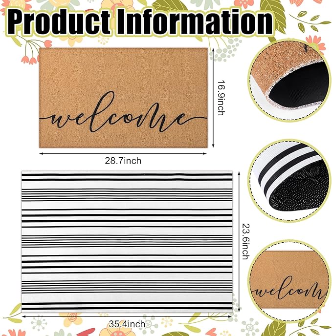 Tinideya 2 Pcs Summer Door Mat Non Slip Wildflower Coastal Hello Sunshine Sweet Home Ocean Pet Welcome Floor Doormat Buffalo Plaid Checked Stripe Mat Seasonal for Front Porch Entryway(Welcome)