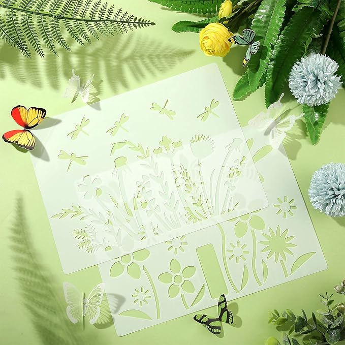 6 Pieces Stencils for Painting on Wood, Reusable Flower Bee Butterfly Painting Stencil Template Bird Bee Drawing Crafts on Wood, Wall, Furniture