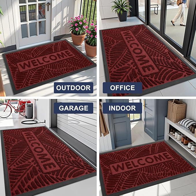 Smiry Welcome Mat Indoor Outdoor, All-Season Waterproof Front Door Mat, Sturdy Natural Rubber Doormat, Non-Slip, Easy Clean, Low Profile Dirt Trapper for Porch Patio Entrance, 29.5x17, Wine Red