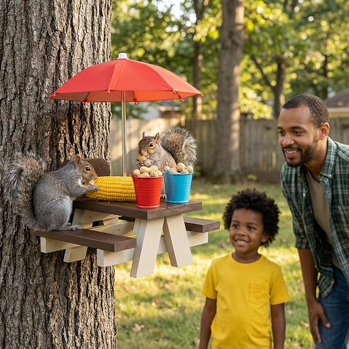 Large Squirrel Feeder, Squirrel Feeder for Outside, Large Squirrel Picnic Table Feeder with Umbrella and Corn Cobs for Squirrels, Cute Chipmunk Feeder for Your Family Member…
