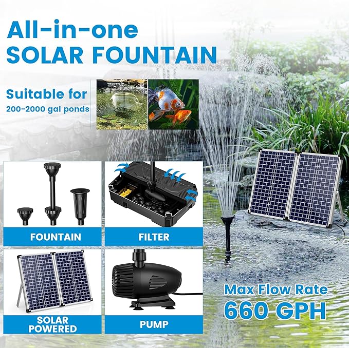 NFESOLAR 70W Solar Pond Filter Fountain Kit, All-in-One 3-Layer Filtration System with 660 GPH Submersible Fountain Pump for Outdoor Ponds, Fish Tank, Pool, Garden Waterscape N3397