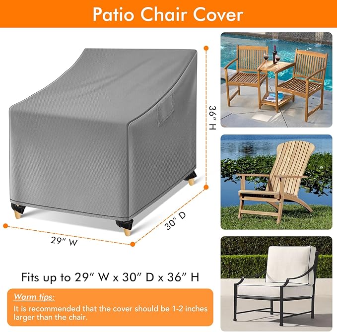 WLEAFJ Outdoor Chair Covers Waterproof, Gray Lawn Patio Furniture Covers, Heavy Duty Wicker Garden Sofa Chair Cover, 2 Pack - 29" W x 30" D x 36" H