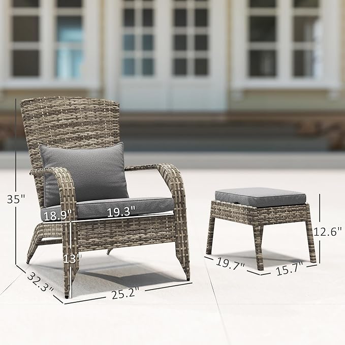 Outsunny Patio Wicker Adirondack Chair with Ottoman, Outdoor Fire Pit Chair with Cushions, High-Back, Large Seat & Armrests for Deck, Garden & Backyard, Gray