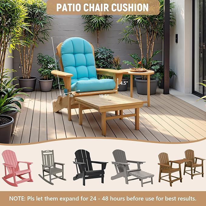 Adirondack Chair Cushion Set of 2, Rocking Chair Cushions, High Back Patio Cushions, Thickened Weather Resistant Patio Cushion with 6 Ties, Non Slip Fade & Waterproof