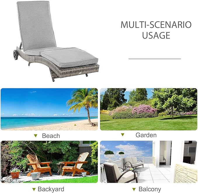 Outsunny Wicker Chaise Lounge Chair Outdoor PE Rattan Cushioned Patio Sun Lounger with 5-Level Adjustable Backrest & Wheels for Easy Movement, Mixed Gray