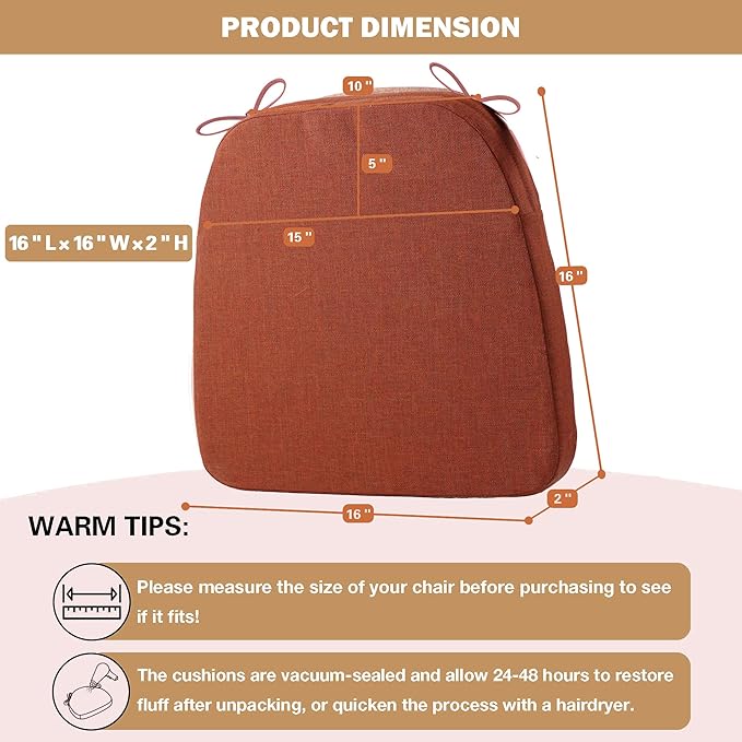 Battilo Chair Cushions for Dining Chairs with Ties, Outdoor Waterproof Kitchen Chair Pad with Non-Slip Backing, Seat Cushions with Machine Washable Removable Cover, 16"x16"x2", Set of 2, Caramel