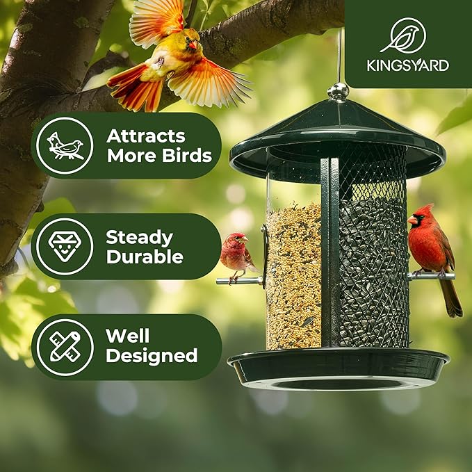Kingsyard Metal Bird Feeder for Outdoor Hanging - Chew Proof Wild Bird Finch Cardinal Feeder with Dual Chamber of 4 lbs Capacity for Bluebird, Green