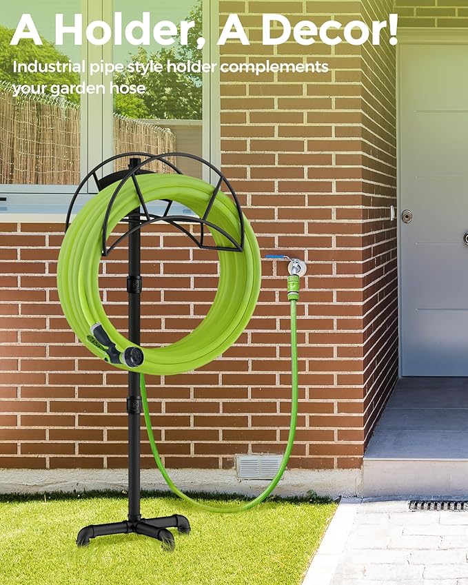 LAND·VOI Hose Holder, Garden Hose Holder Freestanding, Metal Heavy Duty Water Hose Holder Holds 150 Feet Hose, Detachable Hose Storage Hanger for Outside with 3 Spikes, for Lawn Yard, Black GHH01B