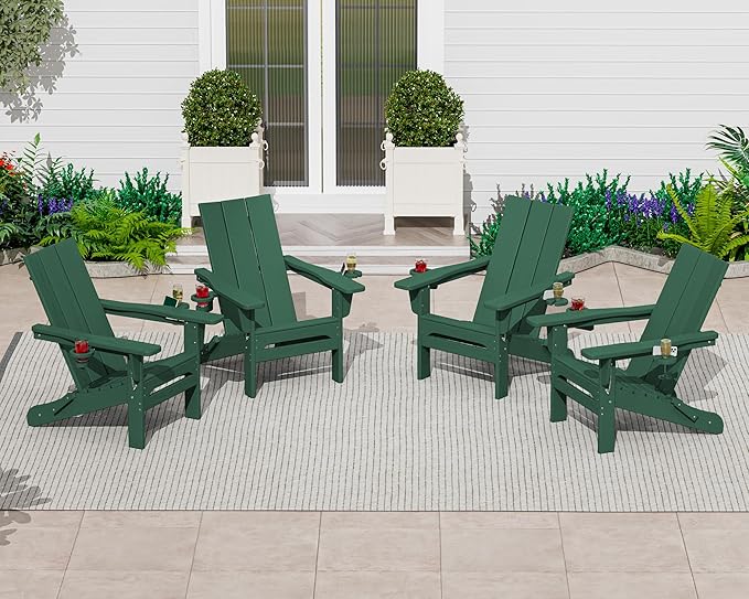 SERWALL Folding Adirondack Chair Set of 4 with Dual Cup Holders, Modern Adirondack Chairs, HDPE All-Weather Fire Pit Chairs for Outdoor, Patio, Garden, Green