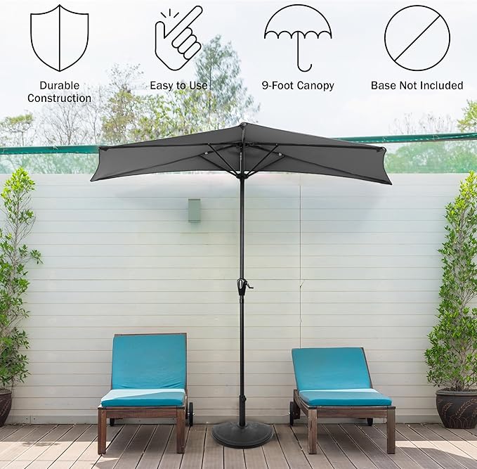 Half Umbrella Outdoor Patio Shade - 9 ft Patio Umbrella with Easy Crank - Small Canopy for Balcony, Table, or Deck by Pure Garden (Gray)
