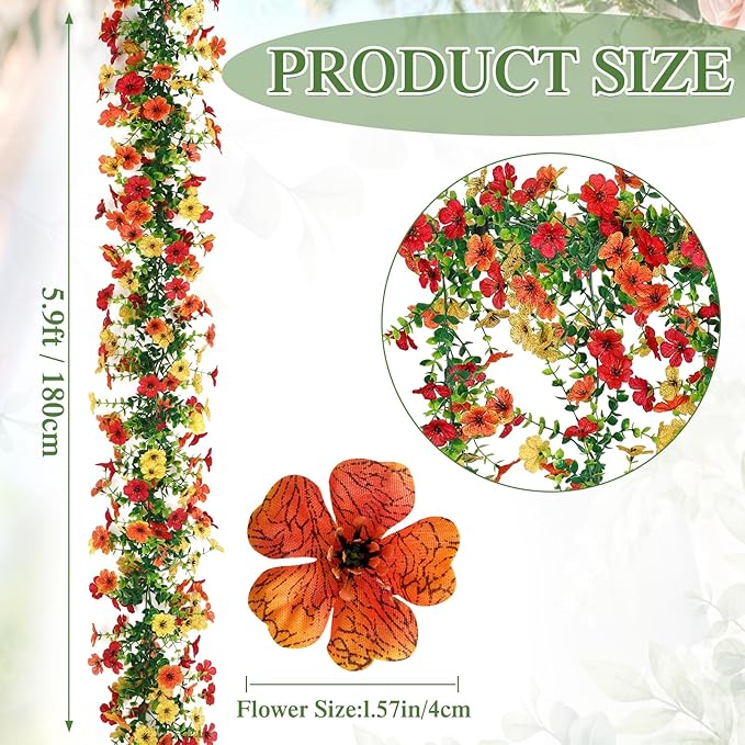 2 Pack Artificial Flowers Garland Ivy,Spring Summer Decor UV Resistant Fake Daisy Vines Floral Vine Silk Hanging Flower for Decor Home Garden Wedding Photo Booth Backdrop (Red Orange Yellow)