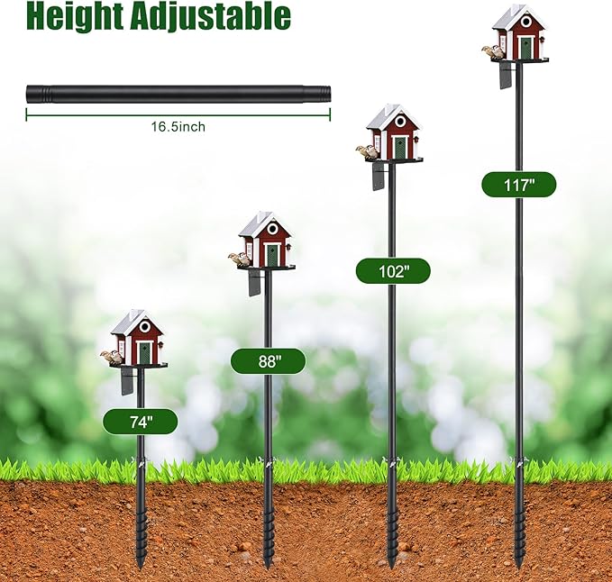 Heavy Duty Bird Feeder Pole - 117" Extra Tall Bird House Stand Outdoor, Anti-Tip Auger & Stable Mount for Smart Camera Birdfeeder,Bluebird House, Bird Buddy, Birdfy