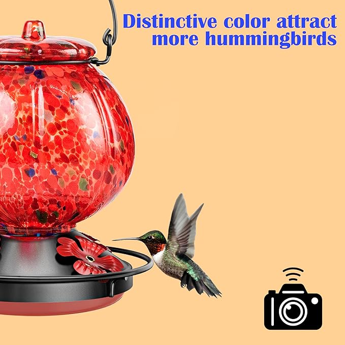 Hummingbird Feeder for Outdoors – Hand Blown Blue Glass Bird Feeder, Leakproof, Easy to Fill & Clean, Decorative Hanging Gift for Garden, Patio, Window, Mom or Gardener 25 Ounces, Red Spotted