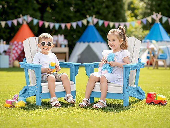 SERWALL Kids Adirondack Chair Sets for 2, HDPE Adirondack Chair for Children,All-Weather Resistant for Patio, Garden, Backyard - Light Blue and White