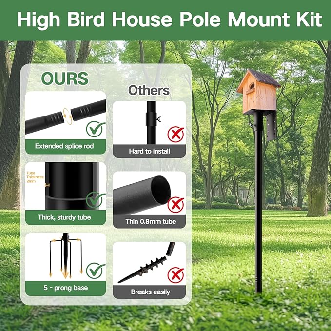79-Inch Heavy-Duty Rustproof Bird Feeder Pole with 5-Prong Base - Splicable Adjustable Stand for Feeders, Birdhouses & Weather Stations, Enhances Birdwatching Experience (Bird House Not Included)