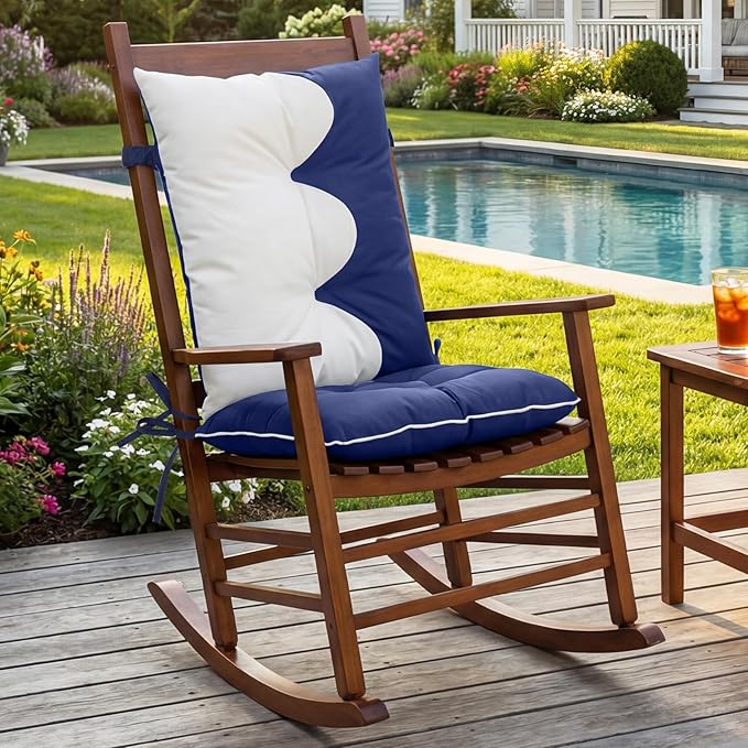 mudilun Outdoor Adirondack Chair Cushion High Weather Resistant Tufted Waterproof Rocking Chair Cushions Anti-Slip Thickened High Back Patio Seat Pads (Outdoor-Blue-White)