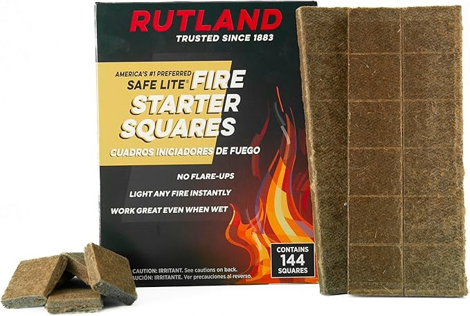Rutland Safe Lite Fire Starter Squares - Heavy Charcoal Starters for Fireplace, Grill Pit, BBQ & Campfires - USA-Made Camping Accessories - Odorless Long Burn - 4.6 Lbs, 144 Squares