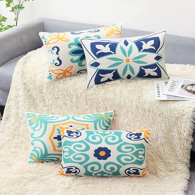 Pyonic Outdoor Waterproof Throw Pillow Covers Set of 4 Floral Printed and Boho Farmhouse Outdoor Pillow Covers for Patio Funiture Garden 12x20 Inch Blue
