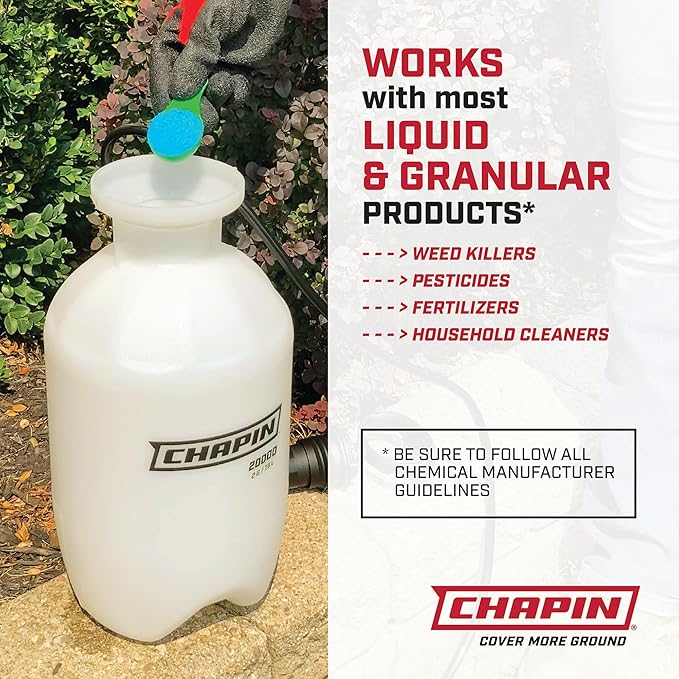 Chapin 20005 Pump Sprayer, 2‑Gallon, Lawn & Garden, Translucent Poly Tank, Funnel‑Top, SureSpray Anti‑Clog Filter, Adjustable Cone Nozzle & 34" Hose for Fertilizer, Weed & Pest Application