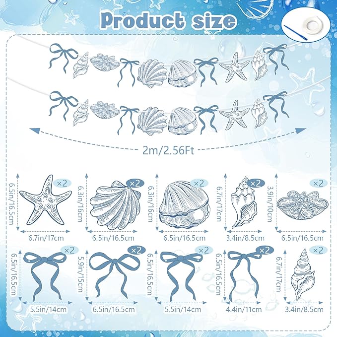2 PACK Summer Banner Seashells Decor Party Decorations Party Supplies Birthday Decorations Blue Bow Starfish and Christmas Ornaments Under The Sea Paper Hanging Banner for Women Men Baby Showre