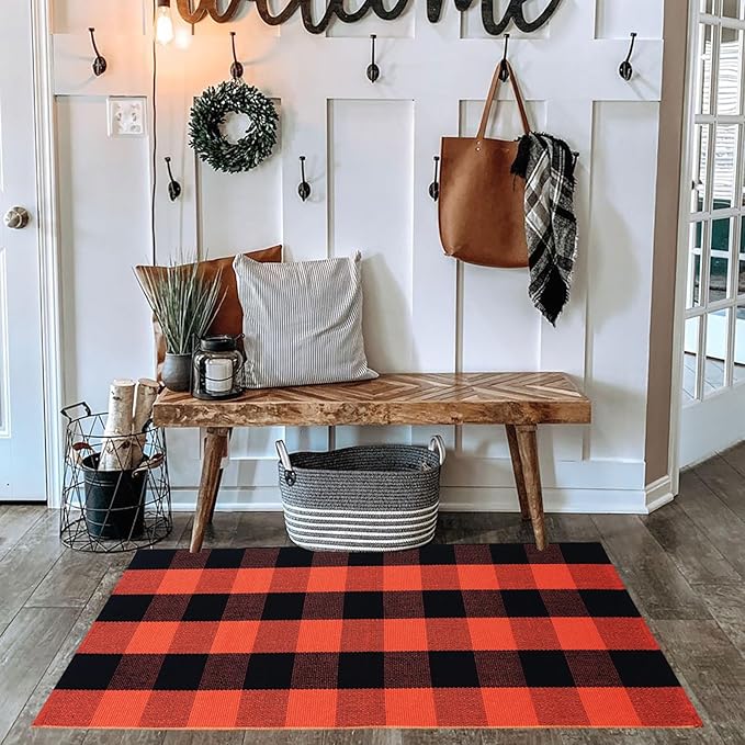 Halloween Door Mat Orange Buffalo Plaid Outdoor Rug Cotton Hand-Woven Buffalo Check Rug Layered Doormats for Front Door/Front Porch/Farmhouse/Entryway/Patio
