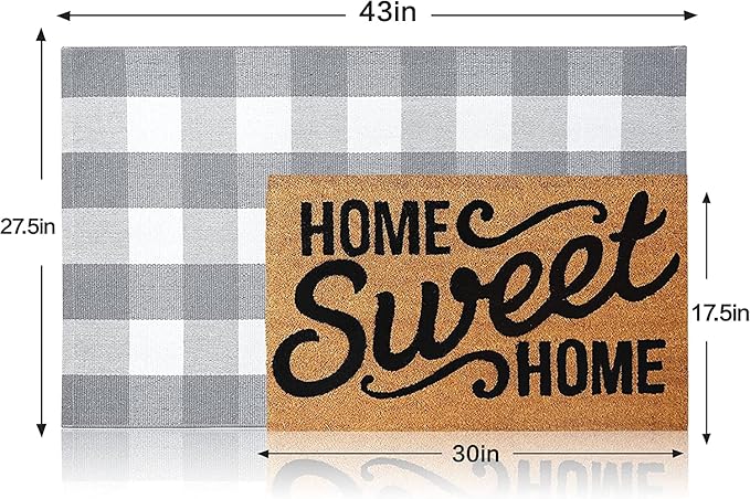 SEEKSEE Cotton Buffalo Plaid Rug 27.5"x43" Gray and White Checked Rug Washable Doormats Indoor Outdoor Rugs for Layered Front Door Mats, Porch, Kitchen, Farmhouse, Entryway