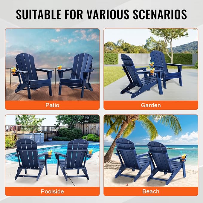 VEVOR Folding Adirondack Chairs Set of 2 with Cup Holder, All-Weather Portable Plastic Fire Pit Chair, Outdoor Adirondack Patio Chair, with Relaxing Arm Rest Ergonomic, for Garden, Backyard, Navy Blue