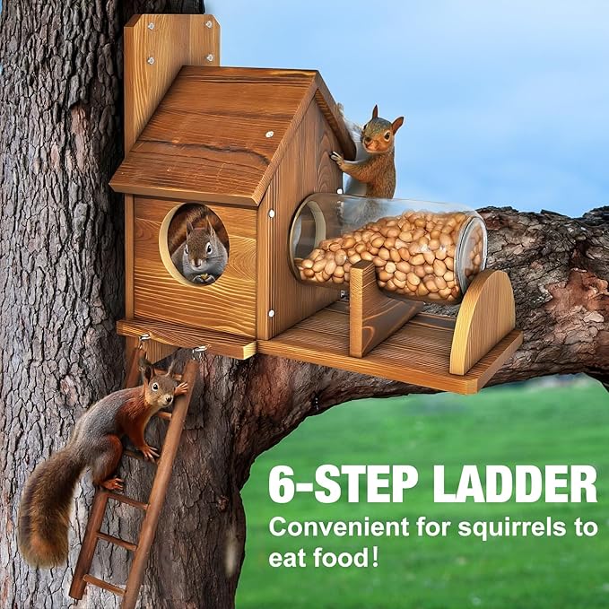 Squirrel Feeder with Ladder, Wood Squirrel Feeders for Outside, Funny Squirrel House with Nut Peanuts Storage Bottle and Corn Cob Holder, Easy to Install