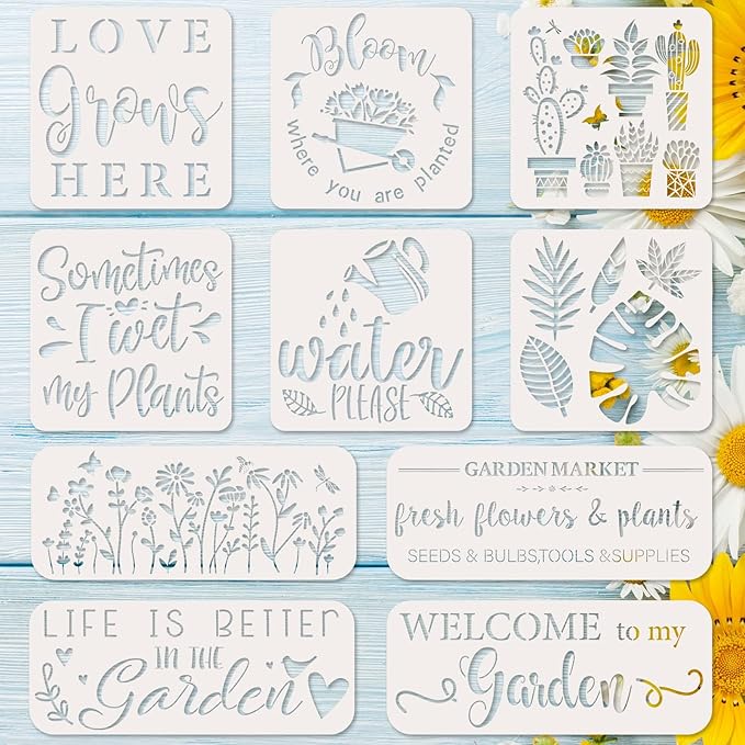 Whaline 10Pcs Garden Stencils for Painting Spring Summer Flower Plants Succulent Reusable Drawing Stencil Art Template on Wood Canvas Furniture Wall DIY Art Sign Decoration Supplies