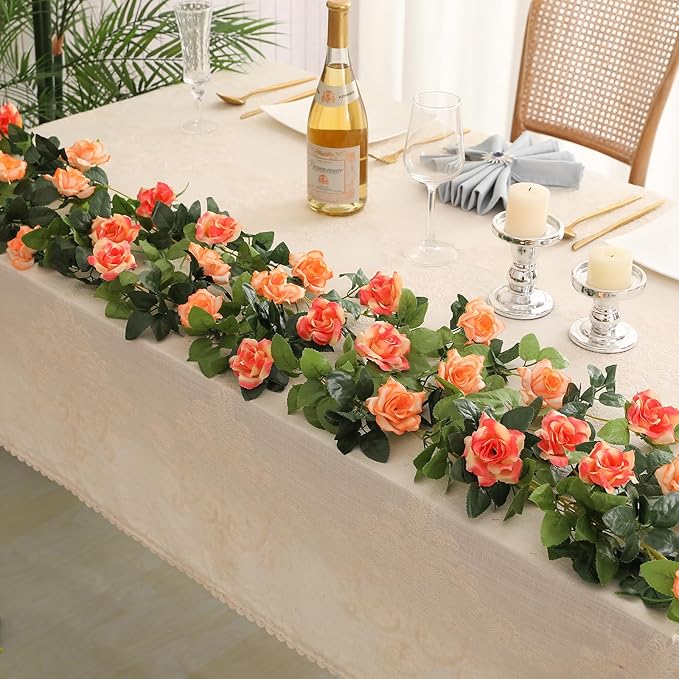 JUSTOYOU 2 Pack (15.8FT) Fake Rose Garland, Artificial Rose Vines Flowers Hanging Silk Rose Vine Wedding Home Backdrop Party Arch Arrangement Decoration