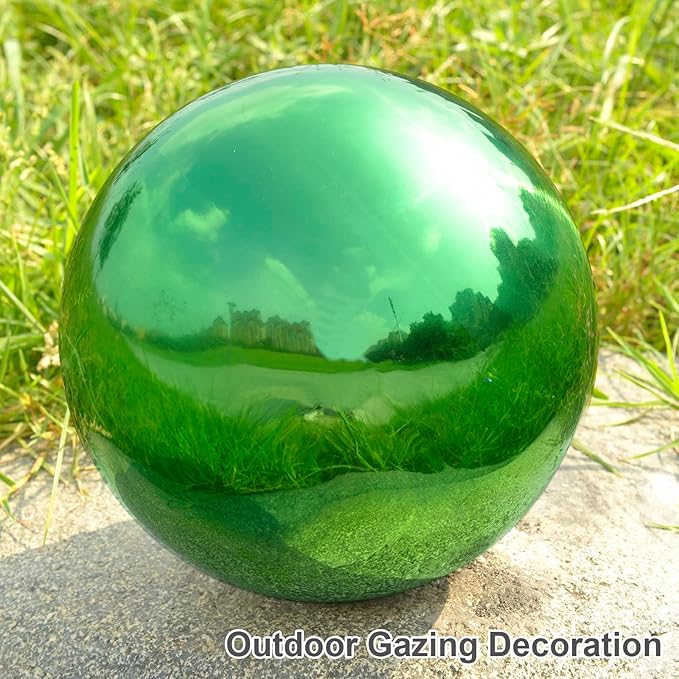 Nerien 10 Inch Gazing Ball, Stainless Steel Garden Mirror Globe, Polished Ornament Sphere, Hollow Floating Reflective Hemisphere, Home Outdoor Pond Housewarming Swimming Pool Decoration Gift, Green