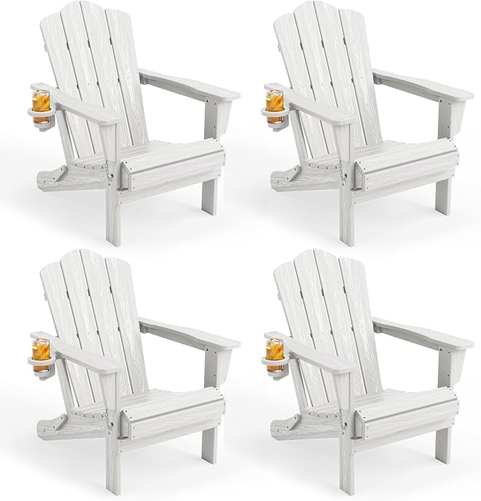 KINGYES Folding Adirondack Chair Set of 4, HDPE All-Weather Patio Chairs with Cup Holder, Wooden Textured Fire Pit Chairs for Poolside, Backyard, Deck, White