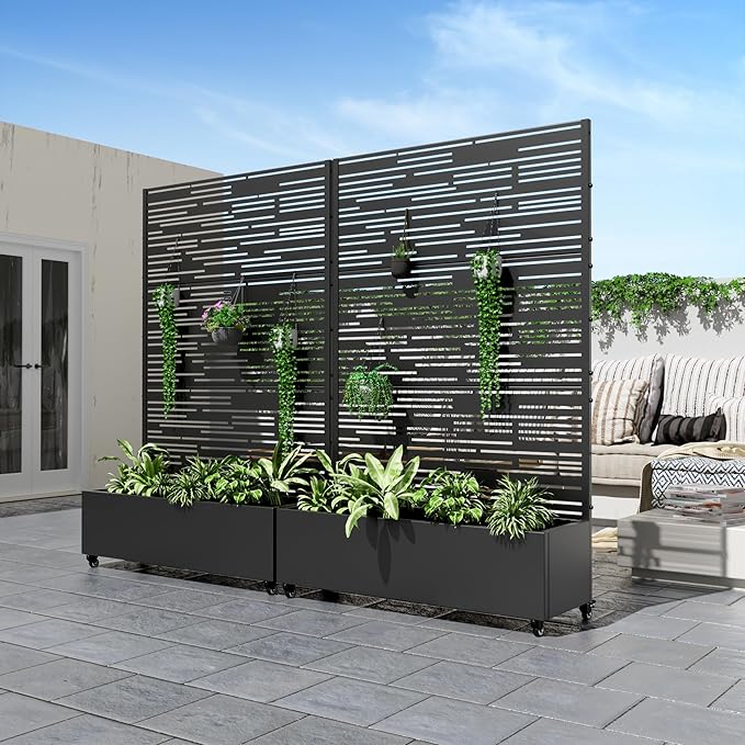 Casaphoria Metal Raised Garden Bed with Trellis and Wheels, 72"x47"x16" Planter Box for Climbing Plants, Vegetables & Vines, Features Drainage Holes and Privacy Screen, Black-Shine