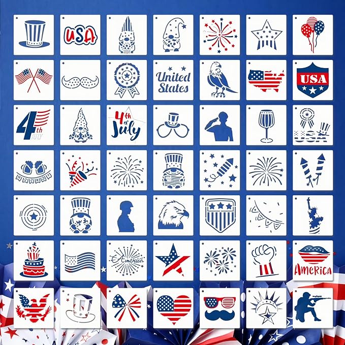 Patriotic Stencils for Painting, 49PCS Independence Day Theme Templates 3x3 Clear PET Plastic with Stars and Stripes Patterns for Cards, Cookies, Face Painting and Party Crafts