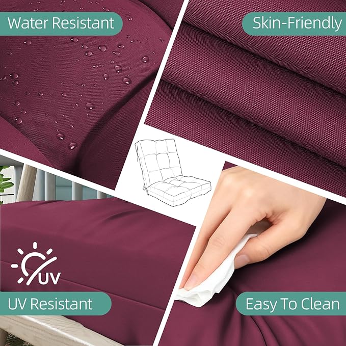 Outdoor Chair Cushions Set of 2, 42x21x4 Inch Patio Cushion for Dining/Rocking Chairs, High Back Soft Seat Pad with Ties, Indoor Outside Use, Fade-Resistant & Waterproof, Burgundy